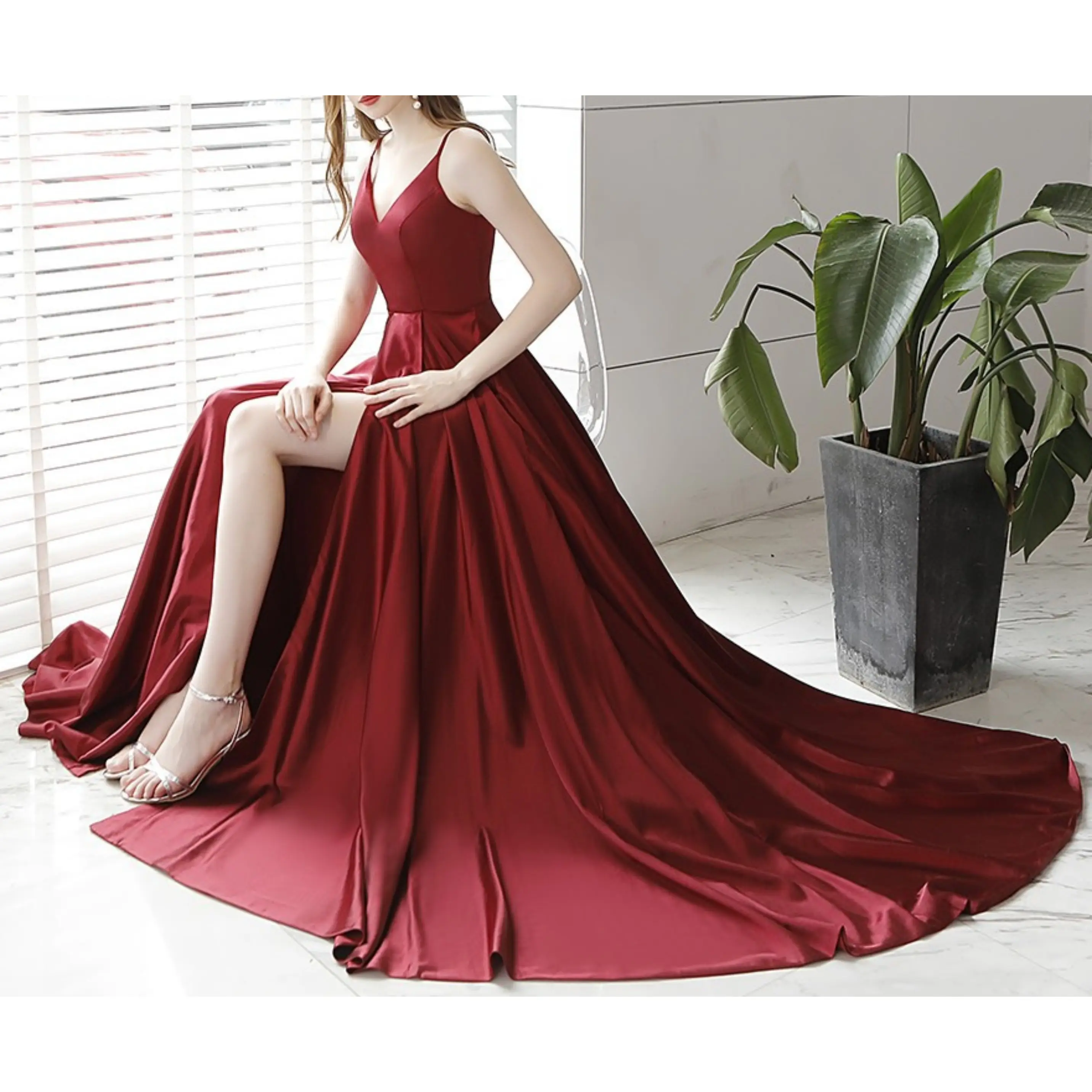 2022 Custom Ladies Red Slit Long Ball Gown Wedding Dress Celebrities Maxi Vestido De Noche Women Elegant Evening Dress