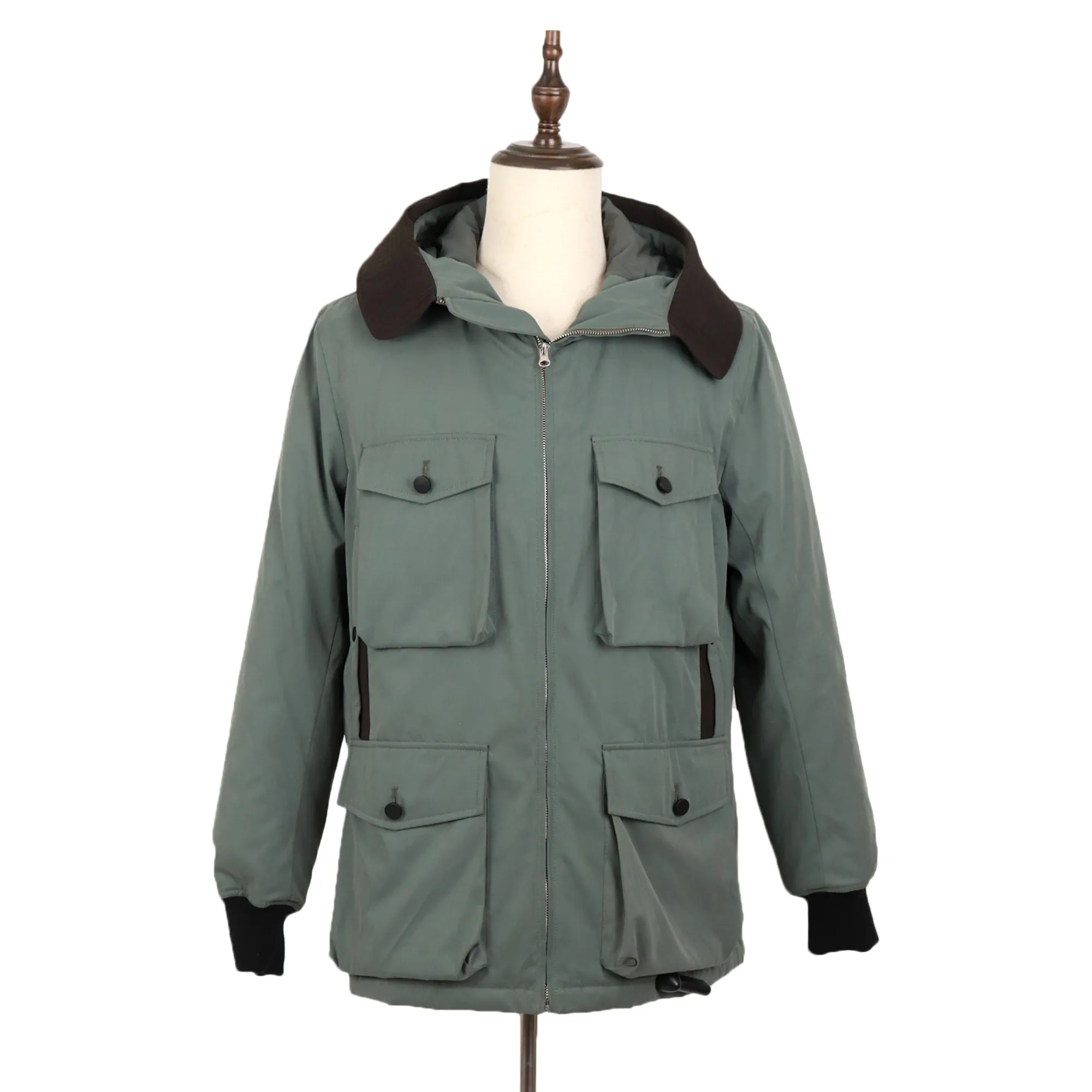 Alephan Winter Fashion Loose Deep Green Customized Polyester Fabric Men Puffer Jacket With Hood
