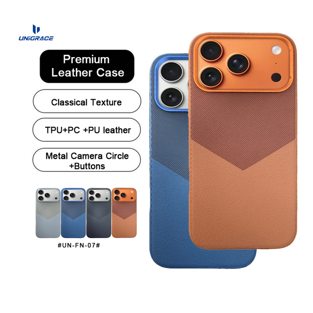 UNIGRACE Premium Leather Phone Case with Metal Camera Circle/Buttons Luxury Design Back Cover for Iphone 15 16 17 Pro Max Case