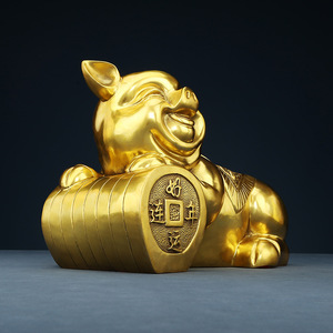 Copper World Brass Lucky Pig Figurine Handmade Yellow Big Sleeping For Home Office Decoration Chinese New Year Gift - Product Image 2