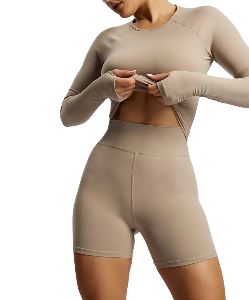 2023 Seamless Gym Clothing Workout Customized Yoga Set High Waist Shorts Fitness Women Long sleeve Crop Top Bra Set