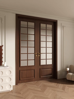 Porte en bois à charnières style médiéval avec placage bois et lignes décoratives, double porte en verre dépoli style mid-century