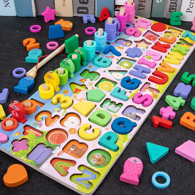 Coche de juguete multifuncional para bebés, bloques de construcción digitales con números, tablero Logarithm, pesca, rompecabezas de madera, juegos