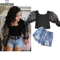 コニソンファッション子供服セットキッズベビーガールズメッシュシアーパフ長袖ブラウスデニムショーツジーンズ衣装トラックスーツ