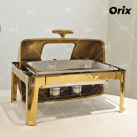 ORIX Réchaud de buffet rectangulaire de luxe doré avec couvercle à charnière et fenêtre de visualisation en acier inoxydable pour le maintien au chaud des aliments