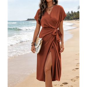 Nuevos Vestidos de Verano para Mujer al por Mayor, Vestido Cruzado con Cuello en V, Tallas S-3XL, Lazo Lateral, Abertura Sexy, Elegante, Casual, Esencial para Resort y Boutique - Product Image 5