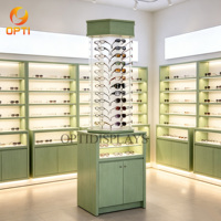 Tour de présentation rotative en bois pour lunettes, vitrine sur pied éclairée par LED avec base de rangement verrouillable pour magasin d'optique