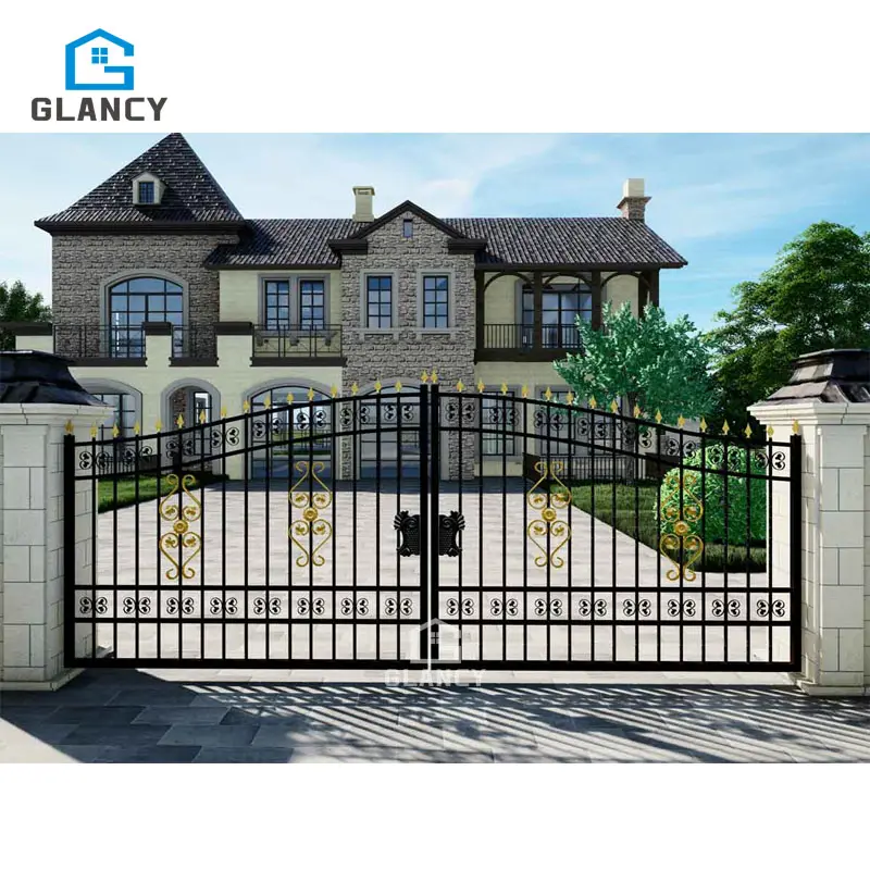 Modern geri çekilebilir özelleştirilmiş kapıları ferforje Villa kapısı tasarımları ve bahçe kemer kemer çelik kapılar ferforje
