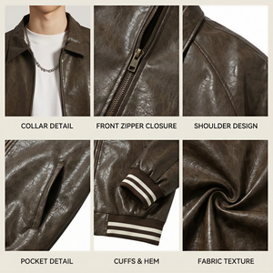 Veste en cuir PU pour homme, style streetwear, coupe-vent, poids lourd, pour l'hiver, personnalisée, couleur unie, motif brodé - Product Image 2