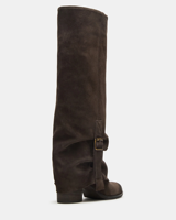 Bottes hautes en daim marron pour femme, style western cowboy, à enfiler, talon épais, pliables, avec boucle