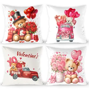 情人节装饰靠垫套熊汽车玫瑰粉色聚酯枕套沙发汽车床情人节装饰