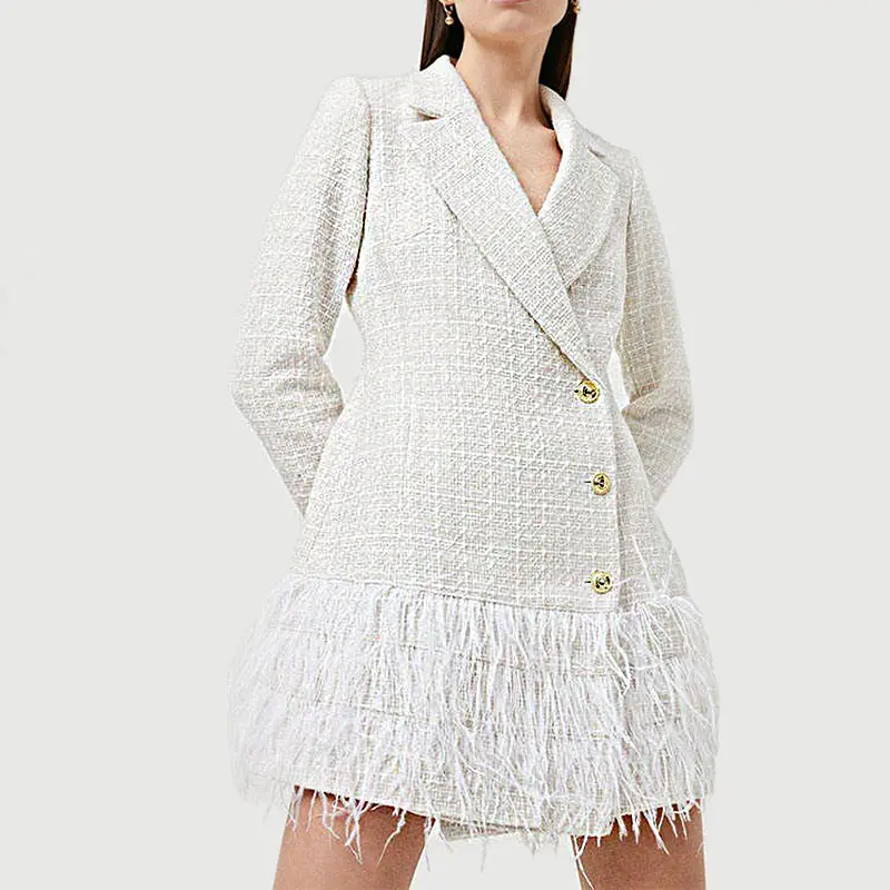 2022 New arrivals winter luxury long sleeves office ladies formal tassel feather trim heam mini tweed blazer dresses