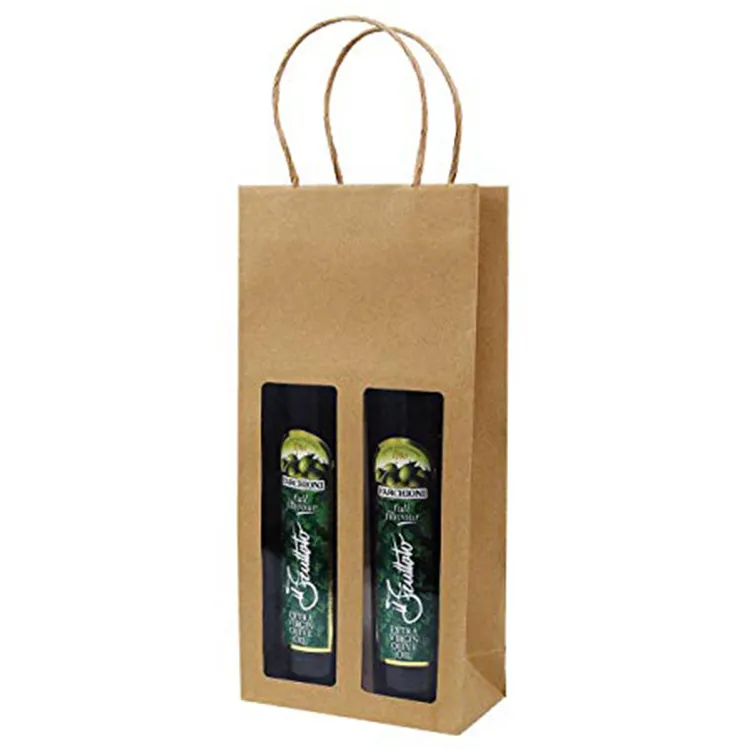 Ramah Lingkungan Cmyk /Pantone Cetak Warna Botol Anggur Produk Kuat Aneka Hadiah Tas Kertas Kraft dengan Pegangan Jendela