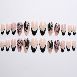 24 faux ongles à presser pour Halloween - Design araignée et toile d'araignée à bout français noir, faux ongles nude scintillants pour cosplay gothique - Product Image 3