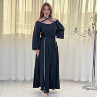 Coucher de soleil Orange minuit noir robe abaya fluide col croisé taille cravate ajustement contrôle fluide élégant vêtements en gros en vrac amical