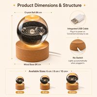Boule de cristal du système solaire gravée au laser 3D, lampe de nuit avec base en bois de hêtre ronde USB pour la décoration de la maison, cadeau