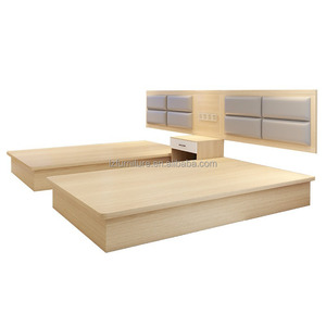 Economical Hotel <b>Bed</b> Twin Size Set Modern Light Wood <b>Platform</b> <b>Bed</b> <b>Frame</b> with Upholstered Headboard Panels & Nighstand - Product Image 1
