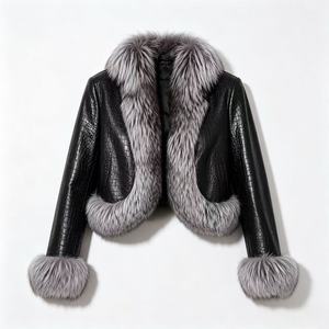 New Season Cropped Black Leather <strong>Jacket</strong> Notched Lapel <strong>Fur</strong> Sleeves Women's <strong>Jackets</strong> for Modern Women - Product Image 5