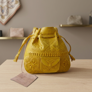 Yellow Genuine Leather Soft Shell Backpack Embossed Patterns Classic Style Durable Carry-<b>on</b> 4-<b>Wheel</b> Handmade Customizable Travel - Product Image 4