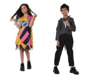 Costume <span class=keywords><strong>de</strong></span> carnaval <span class=keywords><strong>de</strong></span> Noë<span class=keywords><strong>l</strong></span> à rayures noires et blanches pour enfants, costume <span class=keywords><strong>de</strong></span> cosplay d'Halloween, comprend des robes - Ensemble Jack Skellington - Product Image 1