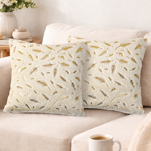 2 Pezzi Federe Decorative con <span class=keywords><strong>Piume</strong></span> Stampate in Oro su Sfondo Beige 43*43cm, Copricuscini in Peluche Corto per Divano e Casa - Product Image 2