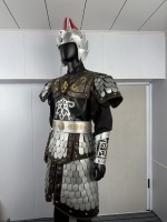 Manteau de Trench Lamellaire Noir et Argenté pour Homme, Style Général Chinois Ancien, avec Plume Rouge et Casque, Matériaux Fonctionnels pour Reconstitutions Historiques