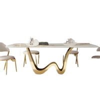 Table de salle à manger rectangulaire STG, style européen moderne, luxe, durable, plateau en pierre frittée imperméable, pieds en acier inoxydable, 6 places
