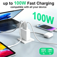 Chargeur rapide USB-C GaN 100W avec écran LED, 2 ports USB-C, 2 ports USB-A, adaptateur mural PD multi-ports, prise UK EU US AU, chargeur de voyage