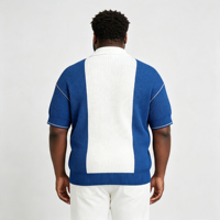 Pull jacquard tricoté à col quart zippé pour homme, motif géométrique simple rayé bleu, broderie 'KTY', en tissu gaufré, ODM/OEM