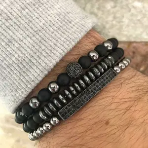 Vintage Jewelry 3pcs Mens Geometric Matte Round Beaded Black Flat Strip Shape Bangle Bracelets Set Gift