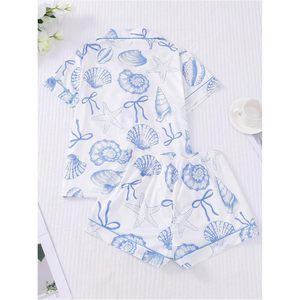 FOXA Women's 2 Piece Shell Print <b>Pajama</b> <b>Set</b> Short Sleeve Button Down Shirt Bow Shorts Sleepwear Loungewear - Product Image 2