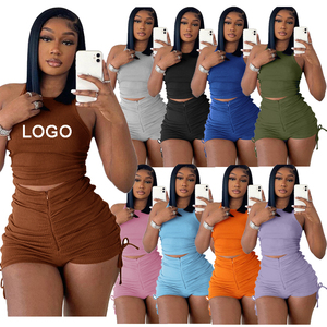 Completo Estivo <span class=keywords><strong>da</strong></span> <span class=keywords><strong>Donna</strong></span>: Top Corto con Zip e Shorts <span class=keywords><strong>da</strong></span> Ciclista per Yoga e Palestra - Set Due Pezzi - Product Image 1
