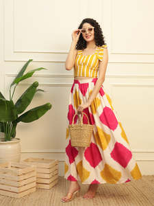 Conjunto de Top y Falda de Rayón Liso y Geométrico hasta el Tobillo para Mujer, Estilo Vestido Occidental Elegante - Product Image 1