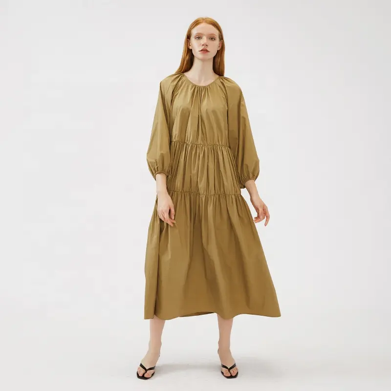 Autumn and winter Hot sale new design product vacation wear O-Neck long sleeve Waist pleated midi casual dress for women