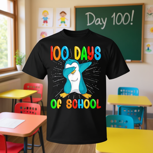 T-shirt Premium « 100 Jours d'École » avec Pingouin Dabbing – Vêtement Promotionnel - Product Image 3