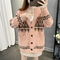 Cardigan en tricot pour femme, style décontracté, jacquard motif ours, color block, manteau pull ouvert sur le devant, automne hiver