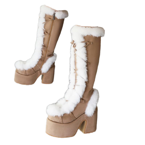 <b>Large</b> Size Fuzzy Lace-up Western Suede Botas Women Knee-High Platform Chunky Heel Winter Calf Wide Faux Fur Boots - Product Image 3