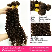 Couleur # 4 mèches de cheveux humains brésiliens vierges Remy, brun chocolat, ondulations profondes, double trame, 3 lots, permanentés