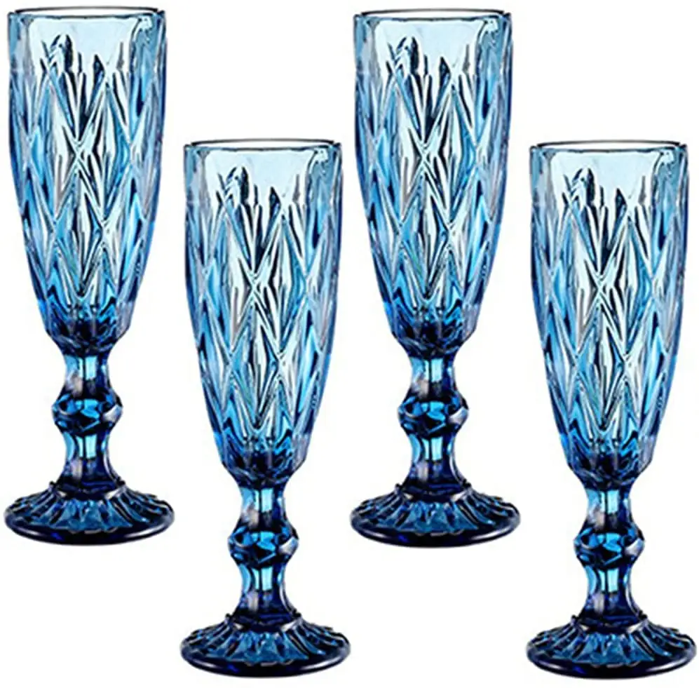 Hot Sale fancy high quality Champagne Flutes Set of 4 Vintage Pattern Embossed Champagne Glass
