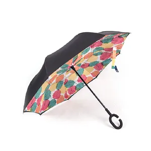 Parapluie inversé double couche en forme de C poignée à crochet avec logo parapluie imprimé personnalisé à l'envers parapluie droit inversé