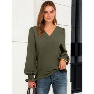 Women's V Neck Puff <b>Sleeve</b> Blouse Chiffon Elastic Office Work <b>Top</b> Business Casual <b>Long</b> <b>Sleeve</b> Dressy Shirt - Product Image 5