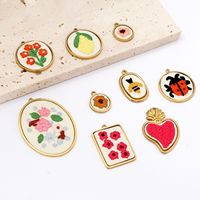 Breloques brodées tendance en acier inoxydable Fruits & Fleurs FASCM-9, pendentifs Cœur, Abeille, Coccinelle, Insectes pour bracelet DIY