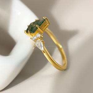 Vintage Style Fine Jewelry Brass Classic <b>Stack</b> <b>Ring</b> 18k Gold Plated Engagement Wedding Moss Agate <b>Rings</b> for Women - Product Image 3