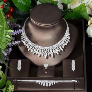 Hibrida ชุดเครื่องประดับเพชรสังเคราะห์ทรงสี่เหลี่ยมลายใบไม้สีขาว4ชิ้นสำหรับผู้หญิงชุดแต่งงานเจ้าสาวเครื่องประดับ N-1122 - Product Image 2