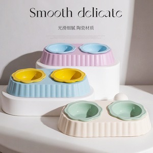 Ceramic Flower <b>Cat</b> Bowl Double <b>Feeder</b> Oval Shape 2 In 1 Pet Food And Water Bowl For <b>Cats</b> - Product Image 2