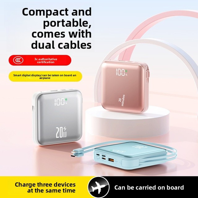 New-style Mini Power Bank 5000mAh Type-C USB Port Digital Display Built-in Cable Portable Outdoor Factory Wholesale