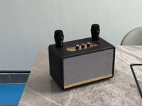 Speaker Karaoke Bluetooth Portabel Kayu Grosir, Dua Mikrofon, Bass Kuat, Kabinet Kayu Retro untuk Pesta di Rumah