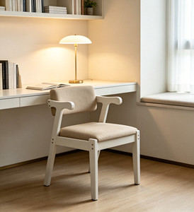 Chaise de bureau en bois massif blanc avec accoudoirs en corne, chaise de salle à manger décontractée à dossier court rembourré en lin beige pour la maison, le bureau ou la chambre d'étudiant - Product Image 1