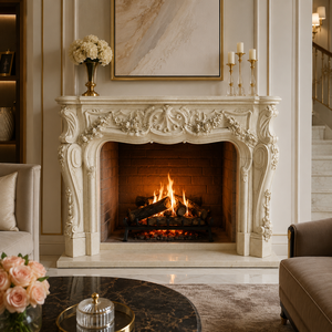 Traditional Marble <b>Fireplace</b> Mantel With Ornate Carving Super Cream Marfil Stone Indoor Wood Burning Hearth For Dining Room - Product Image 1