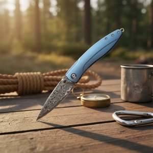 Cuchillo Plegable de Bolsillo de Acero de Damasco de Alta Calidad con Mango de Titanio, Cuchillo Utilitario para Exteriores, Cuchillo de Supervivencia para Uso Diario - Product Image 3